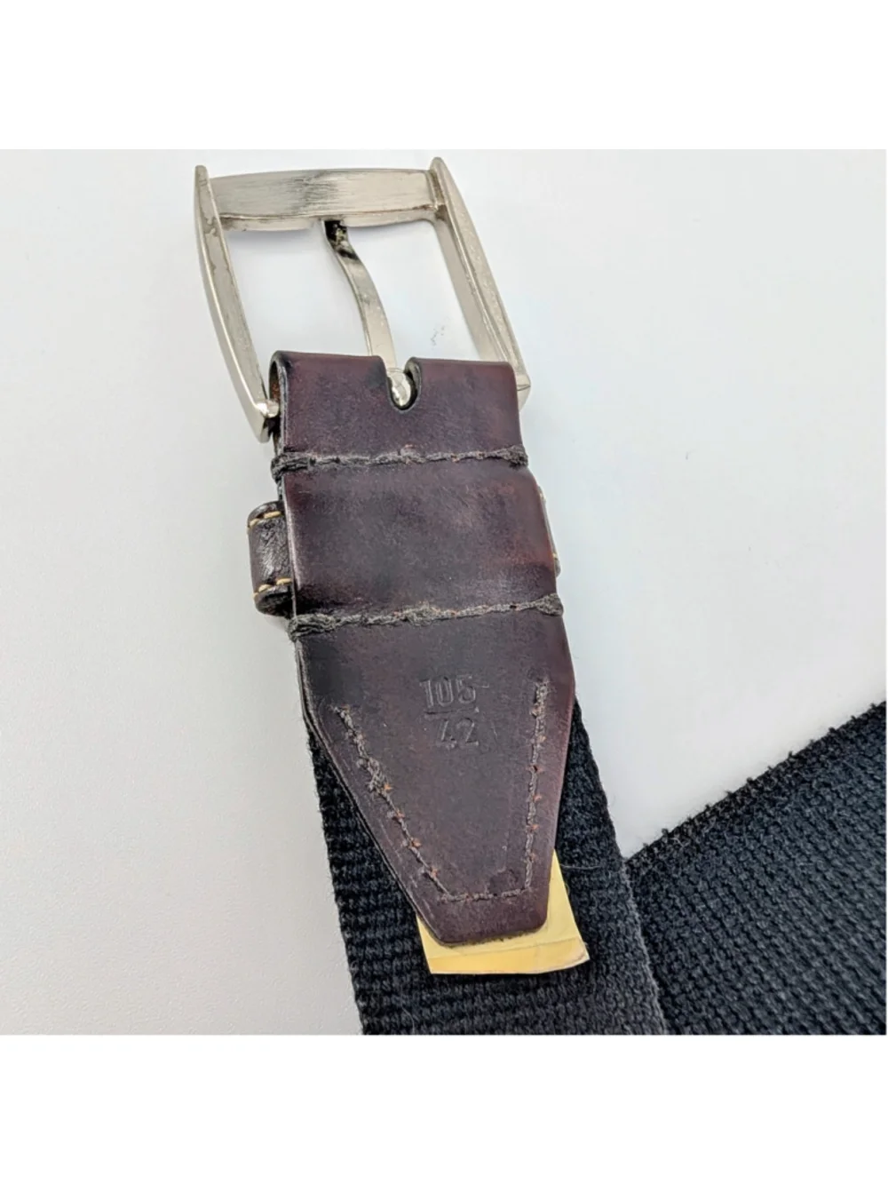 Martin Dingman Men’s Black Elastic Web Belt Brown Leather Size 42 105